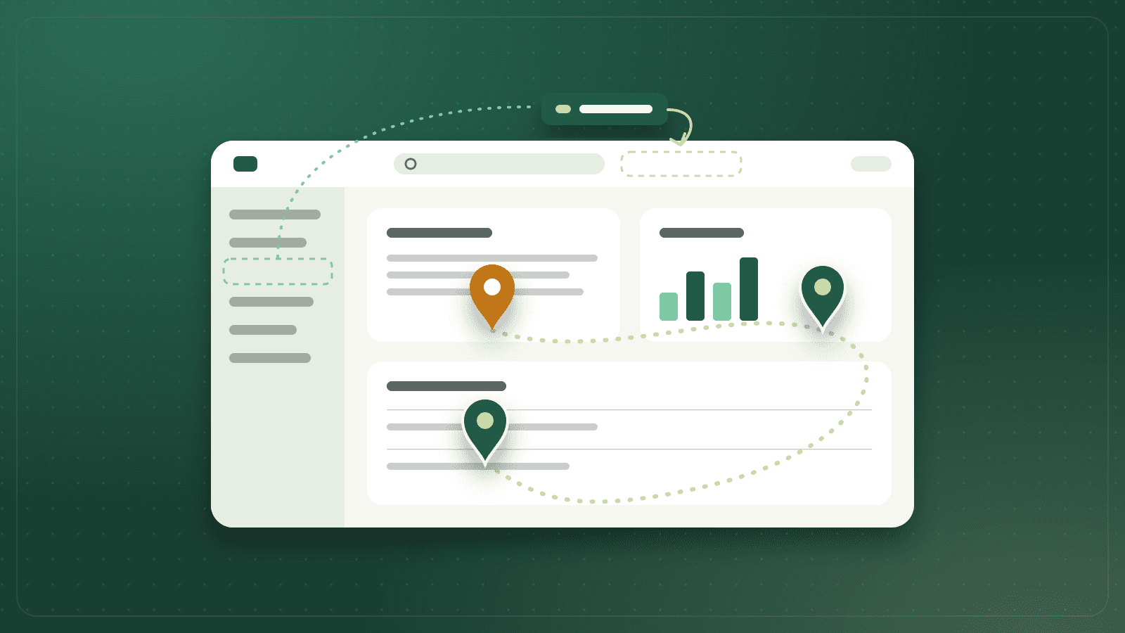 Illustration: an admin window where a menu item has moved from the sidebar to the top bar, with a dotted tour route and map pins across the page