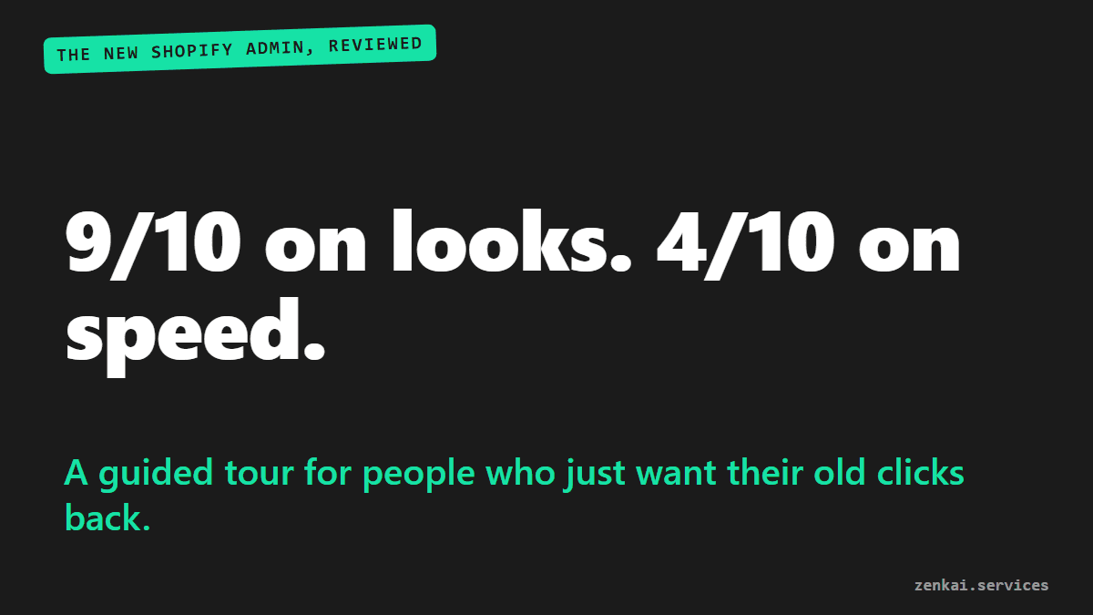 A card rating the new Shopify admin: 9 out of 10 on looks, 4 out of 10 on speed
