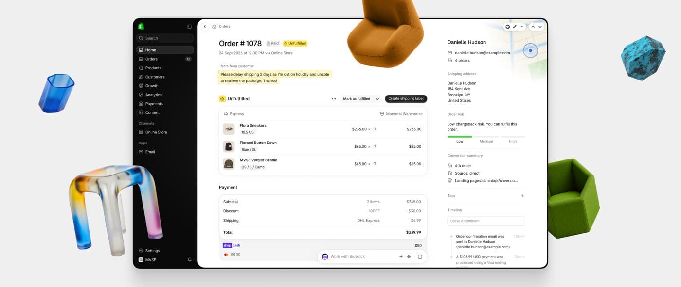 Shopify’s own picture of the new admin order page with the Sidekick chat bar floating at the bottom