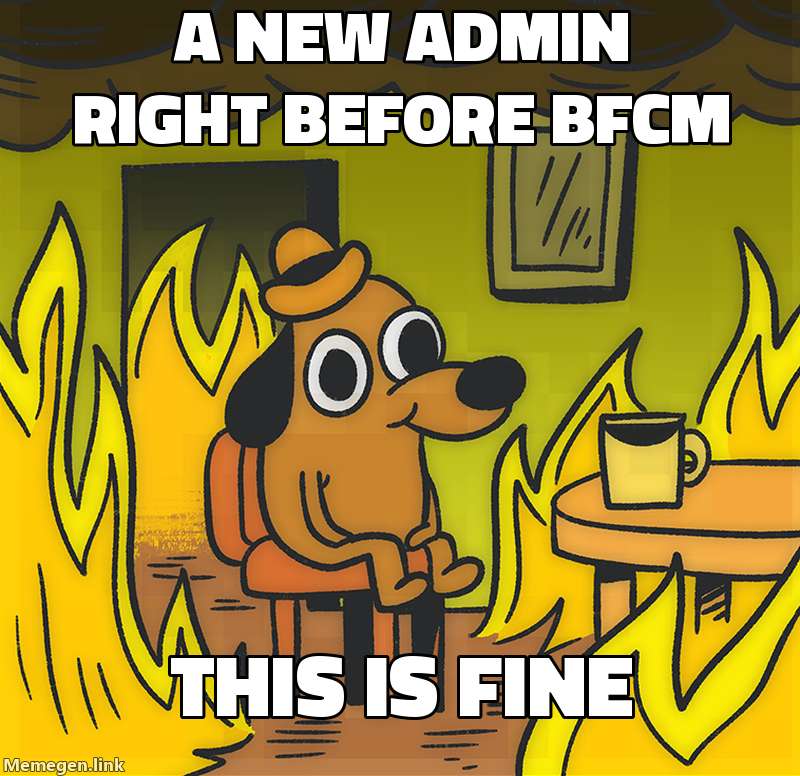 This is fine meme: a dog sits calmly in a burning room, captioned a new admin right before BFCM