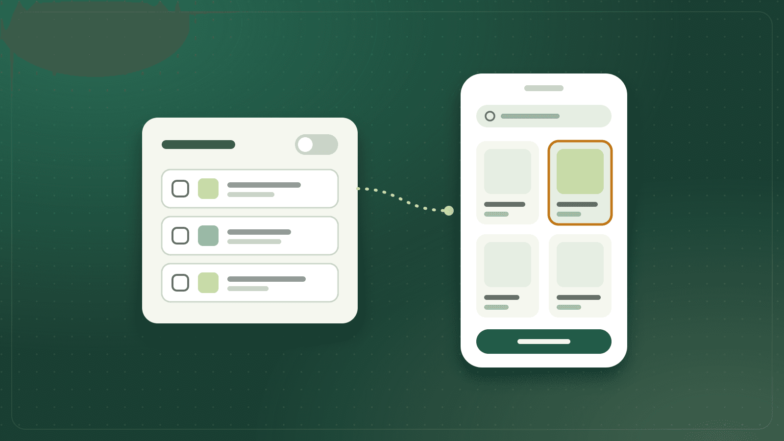 Illustration: a product list with its switch turned off and every box unticked, linked by a dotted line to a phone where one of the products still shows