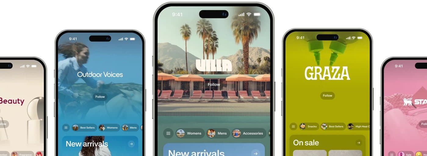 Shopify’s own picture of a row of phones, each showing a different brand’s store inside the Shop app