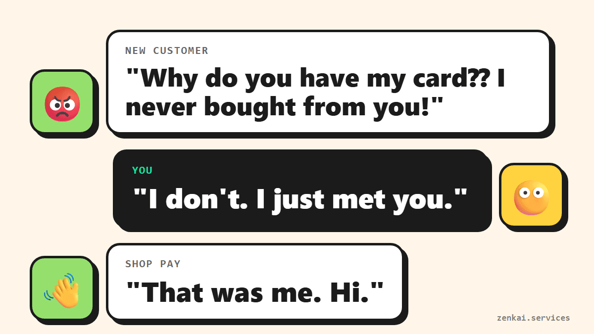A skit where a new customer asks why the store has their card, the store owner says it does not, and Shop Pay admits it was them