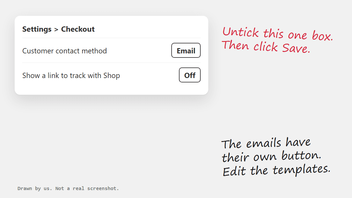 A drawing of the checkout settings with the Track with Shop link box unticked
