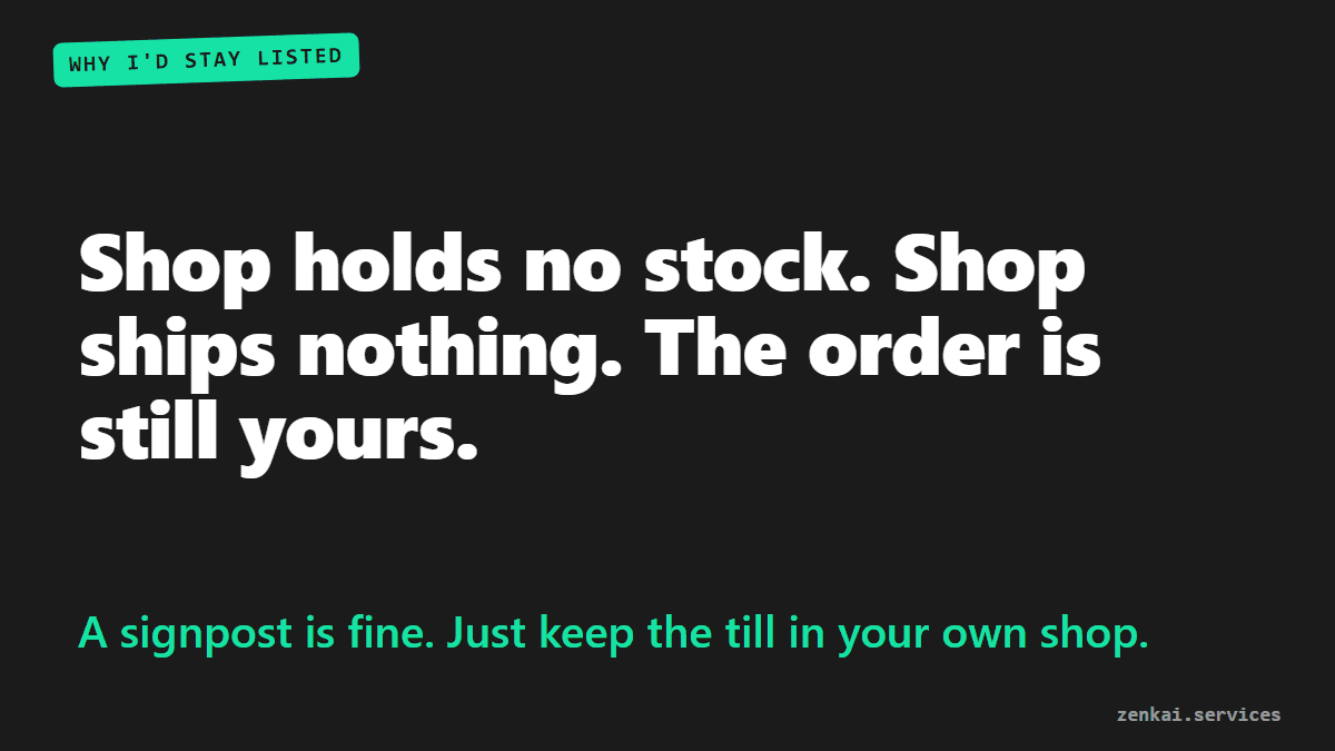 A card saying Shop holds no stock and ships nothing, so the order is still yours