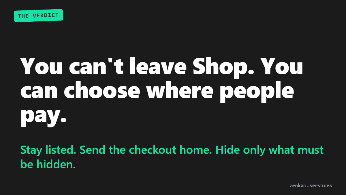 A closing card that says you cannot leave Shop but you can choose where people pay and which products show