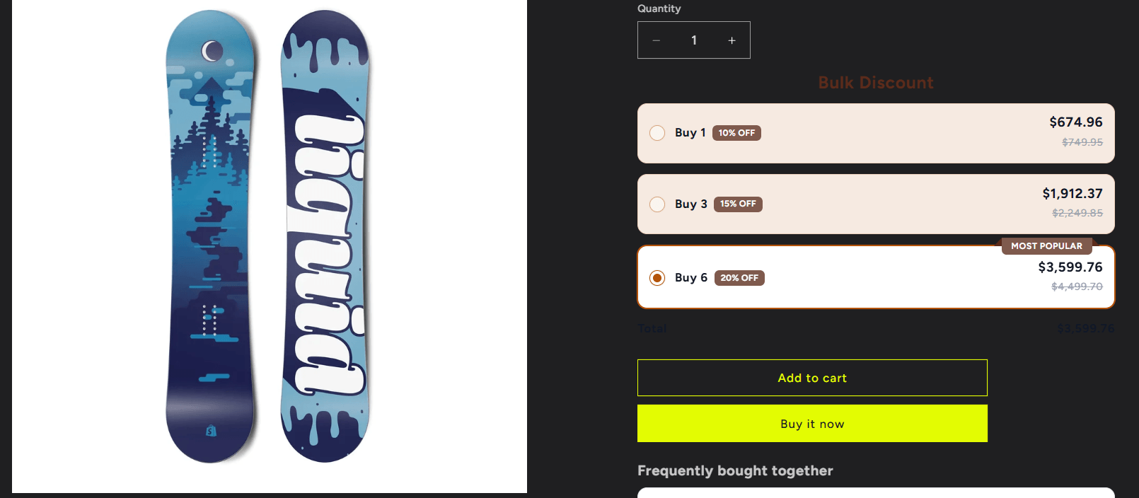 A snowboard product page with a Bulk Discount ladder under the quantity picker: Buy 1 at 10% off, Buy 3 at 15% off and Buy 6 at 20% off with a Most Popular ribbon, each with the full price crossed out, above the Add to cart and Buy it now buttons